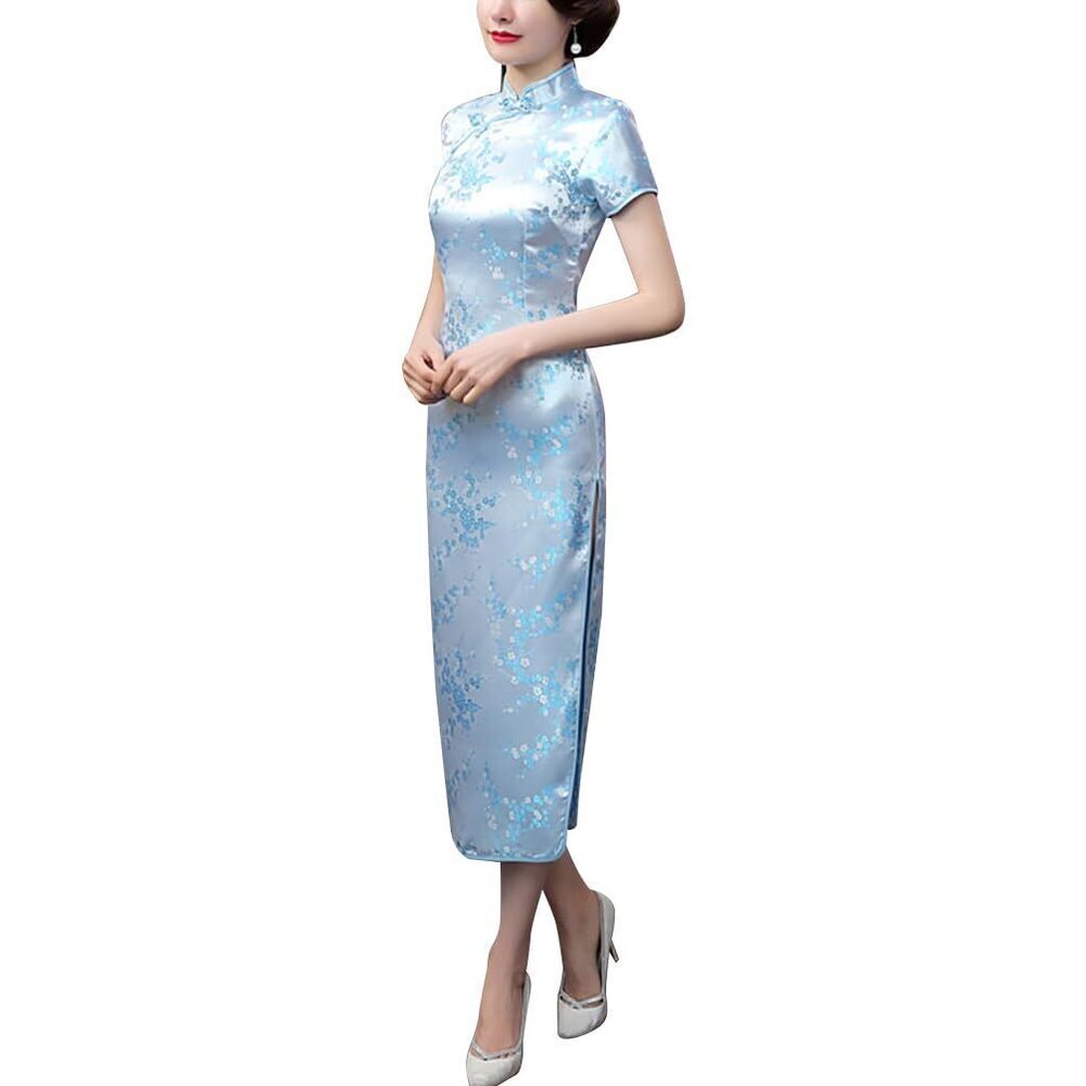4700 Vintage Short Sleeve Maxi Cheongsam Print High Slit Side Traditional